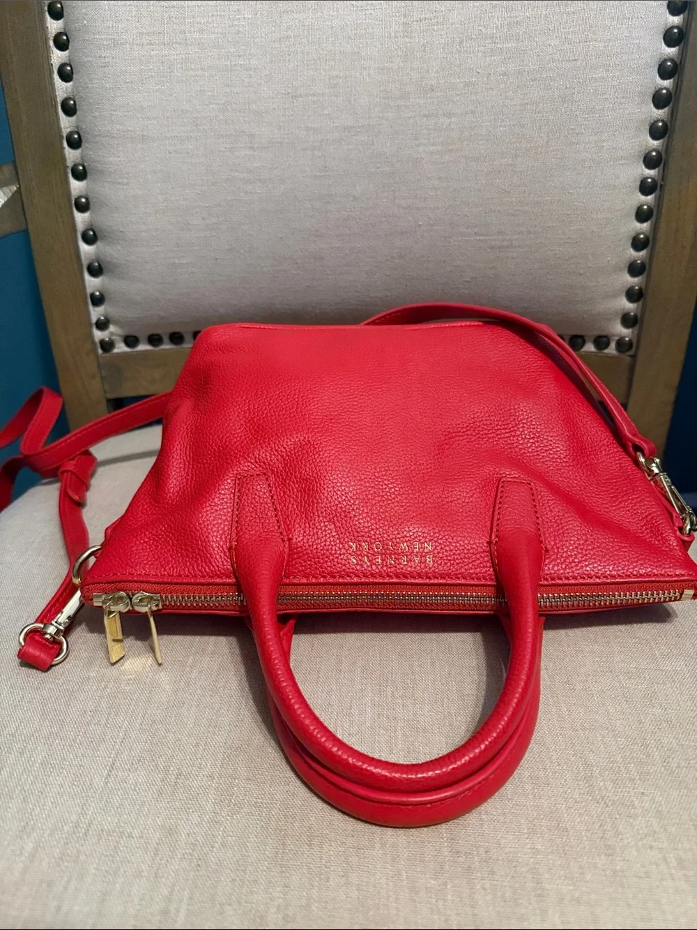 Barneys New York “Monica” Vibrant Red Pebbled Leather Mini Tote/Satchel